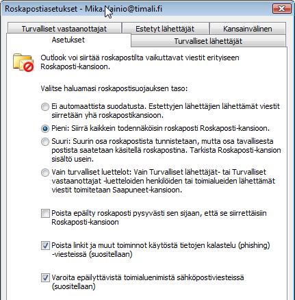 Valittu roskapostisuojauksen taso Kuva 92 Roskapostiasetukset (Junk E- mail Options) Asetukset (Options) -välilehdellä ovat roskapostisuodatuksen yleiset perusasetukset.