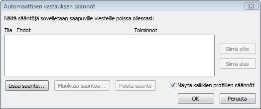 Sääntöluettelo Toimintoluettelo Kuva 96 Automaattisen vastausviestin säännöt Edellisen kuvan Säännöt (Rules) -painikkeen painaminen avaa Automaattisen vastauksen säännöt (Automatic Reply Rules)