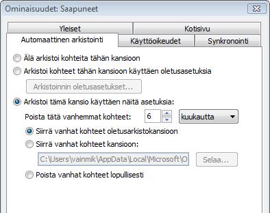 Asetusten määrittely Kuva 101 Kansion arkistointiasetukset (AutoArchive) Kansion ominaisuudet saadaan näkyviin hiiren kakkospainikkeella.