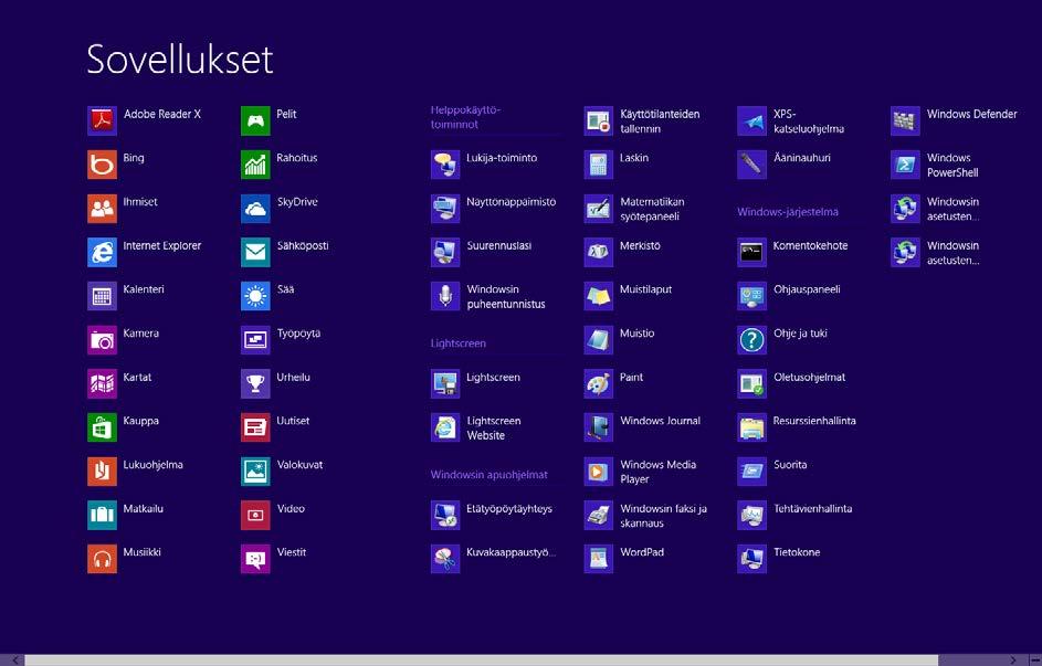 Rullausjana ja -ruutu Kuva 3 Kaikki sovellukset näkyvillä Aloitus (Start) - valikossa Nyt ruudulla näkyy kaikki asennetut ohjelmat.