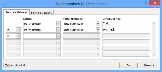 Suodatusten määrittelyikkuna Kuva 132 Suodata ja lajittele (Filter and Sort) - valintaikkuna Postitoimisto-kentän suodatuksella voit tulostaa kirjeet vain Turkulaisille ja Helsinkiläisille.