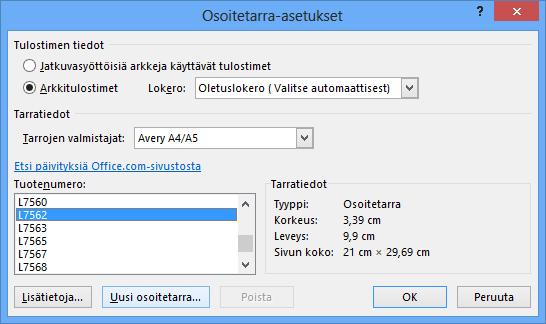 A4 arkkien tulostus oletuslokerosta Tarran kokotiedot ja arkkikoko Kuva 138 Osoitetarra- asetukset (Label Options) - valintaikkuna Etsi valintaikkunasta ostamasi tarra-arkin tuotekoodi tai lähes