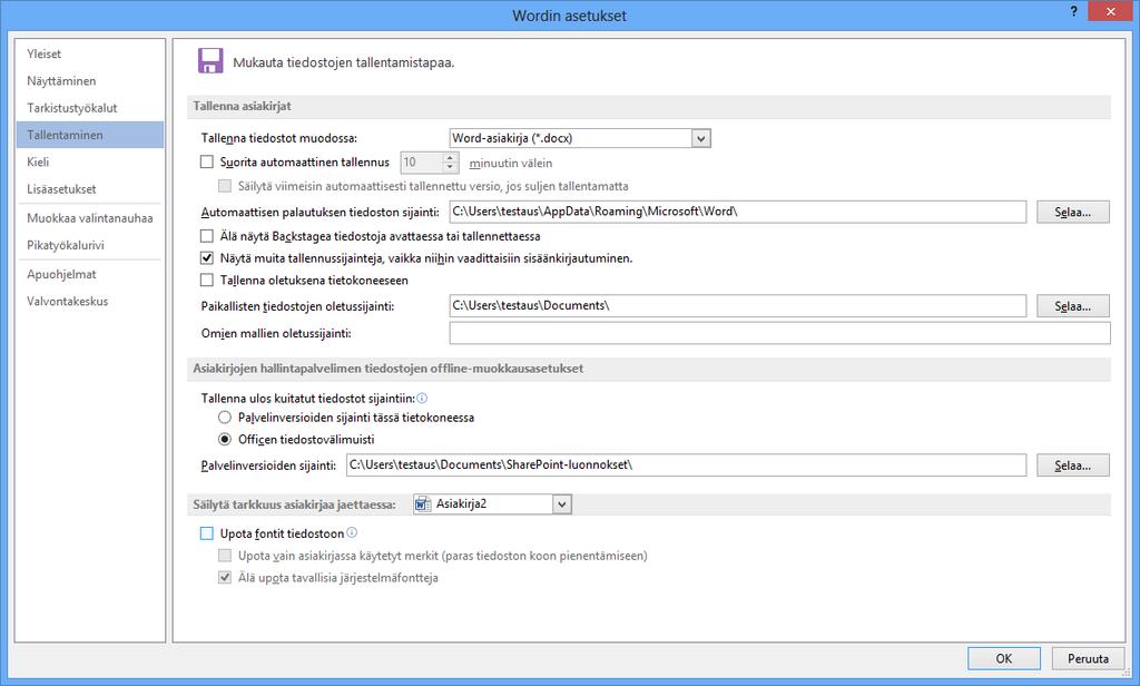 Ohjelman oletustallennusmuodon muuttaminen Microsoft Word -ohjelman oletustallennusmuoto on Office XML -tiedostomuoto.