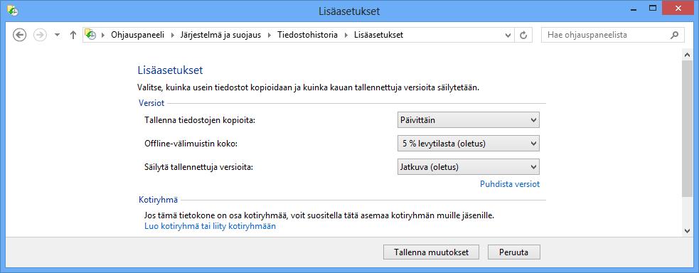 Kuva 172 Lisäasetukset (Advanced settings) Tallenna tiedostojen kopioita (Save copies of files) -kohdasta näet, että varmistus tapahtuu oletusarvoisesti