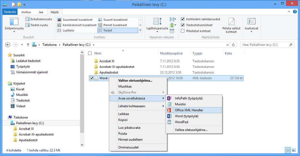 Tiedoston kytkeminen sovellukseen Windowsin työpöydällä tai kansioissa olevat tiedostot voidaan avata napsauttamalla niitä hiirellä.