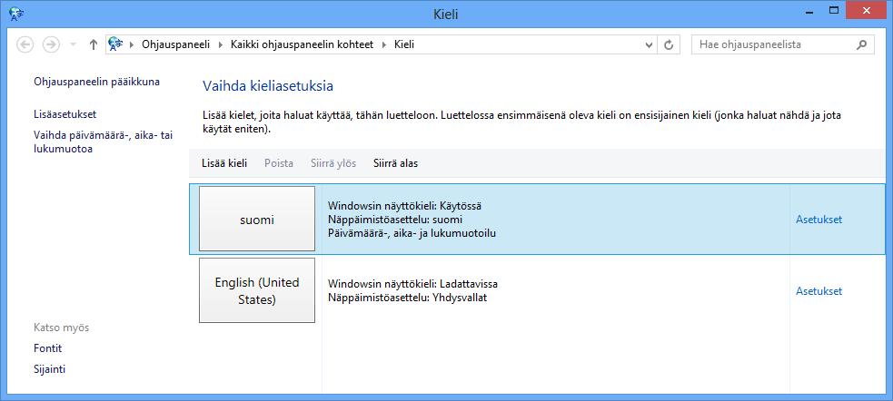 Kuva 24 Kieliasetukset Asetukset (Options) -painikkeella voidaan lisätä tarvittavat näppäimistöasettelut. Kuvan tietokoneen oletusnäyttökieli on suomi.