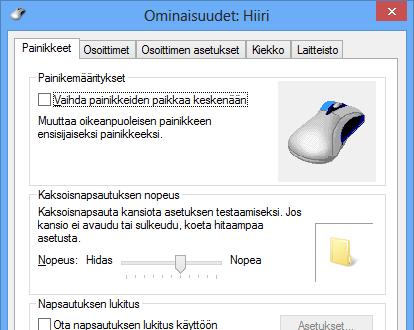 Hiiri (Mouse) Ohjauspaneelin Laitteisto ja äänet (Hardware and Sound) -ryhmässä on hiiren ohjainohjelma (driver). Hiiri (Mouse) -apuohjelmassa voit määrittää mm.