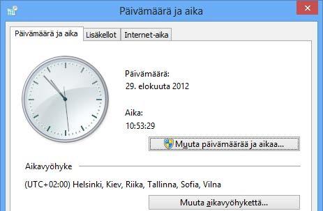 Kellon ja päivämäärän vaihdat Ohjauspaneeli (Control Panel) -ohjelmaikkunan kautta napsauttamalla Päivämäärä ja aika (Date and Time) -komentoa.