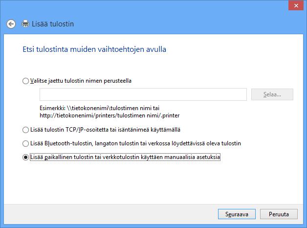 Selaa-painike Kuva 4 0 Lisää tulostin (Add printer) - valintaikkuna - vaihe 2 Valitsen valintaikkunassa Lisää paikallinen tulostin tai verkkotulostin käyttäen manuaalisia asetuksia (Add a local