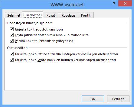 Oletusmuokkausohjelmien valinnat Kuva 64 Web- tallennuksen tiedostovaihtoehdot Tiedostot (Files) -välilehdeltä hallitaan elementtikansion sisältöä sekä määritellään Word www-sivujen