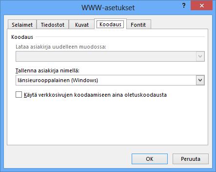 Merkistökoodauksen valinta Kuva 66 Web- tallennuksen koodausvaihtoehdot (Encoding) Internet-sivuilla teksti on Unicode-koodattua. Merkistöön voi kuulua jopa yli 65 000 kirjoitusmerkkiä.