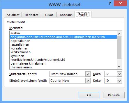 Merkistöluettelo Kuva 67 Web- tallennuksen fonttivaihtoehdot (Fonts) Viimeisellä asetusvälilehdellä tehdään selaimen käyttämää fonttia koskevat asetukset.