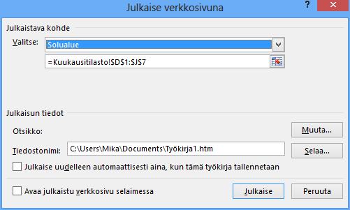 Web-julkaisu Kuten Word-asiakirjojenkin julkaisussa, Tallenna nimellä (Save As) -valintaikkunan Työkalut (Tools) -painikkeen avulla voidaan määritellä web-optimointiasetukset.