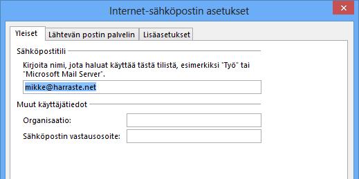 Tilin nimi on vaihdettavissa Kuva 82 Postipalvelimiin liittyvät yleiset lisäasetukset(general) Yleensä joudutaan myös määrittämään edellisen kuvan Lisää asetuksia (More Settings) -painikkeen avulla