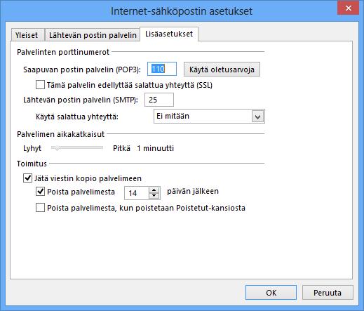 Oletusportti Oletusportti Kuva 84 Palvelinten lisäasetukset (Advanced) Saapuvan postin palvelimen (Incoming Server) käyttämä porttinumero voidaan tarvittaessa muuttaa, mikäli palvelin ei jostakin