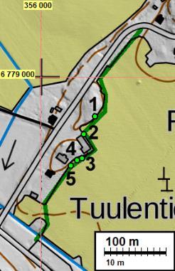 9 Koekuopat Tutkittu linja (vihreä viiva) ja koekuoppien sijainti (vaaleanvihreä piste). Koekuopat 1 ja 2 sijaitsivat hieman ympäristöään ylempänä, laakealla kumpareella.