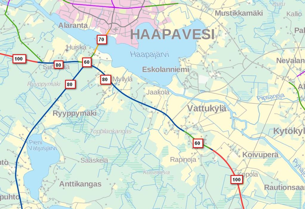 Kuva 1. Liikennenopeudet suunnittelualueella. Nykytilanteen liikennemäärät ovat Liikenneviraston vuoden 2012 tiedot (Liikennevirasto, 2016).