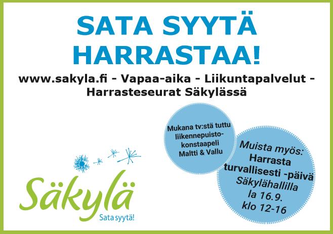 14:25 1000m kävely T tai P Säkylän Kunta 14:50 T15 2000m Beauty Center Harmonia 15:10 P15 2000m IntLog Oy 16:00 Sukkulaviesti (2 erää) (välittömästi, kun pistetilanne selvä, aikaisintaan klo 16.