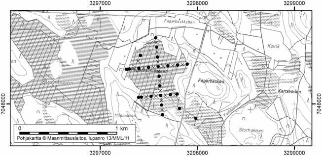 Pedersöressä tutkitut suot ja niiiden turvevarat Osa 1 62. Fagerbackmossen Fagerbackmossen (kl. 2321 07, x=7048,2, y=3297,5) sijaitsee noin 19 km Pedersören keskustasta kaakkoon.