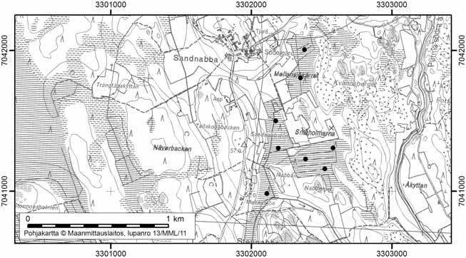 Pedersöressä tutkitut suot ja niiiden turvevarat Osa 1 26. Sandnabbsjön Sandnabbsjön (kl. 2312 12, x=7041,3, y=3302,2) sijaitsee noin 26 km Pedersören keskustasta kaakkoon.