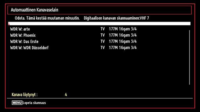 Kielen valitsemisen jälkeen tulee näyttöön Tervetuloa kuvaruutu, jossa pyydetään asettamaan Maa,Teksti-TV kieli ja Kartoituksen salakoodaus. Voit valita taajuusalueet tästä ruudusta.