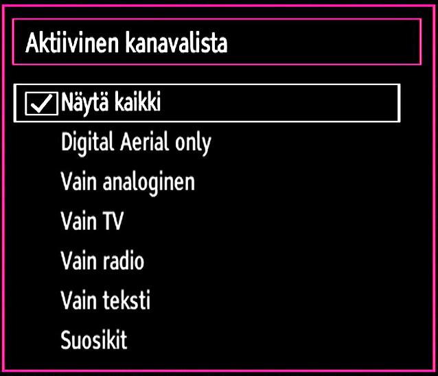 Asemien käsittely: Kanavalista lajittelu Voit valita lähetykset listattavaksi kanavalistassa. Tietynlaisen lähetyksen näyttämiseksi käytä Aktiivista kanavalistan-asetusta.