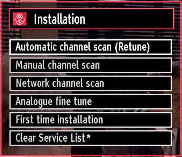 Installation Press MENU button on the remote control and select Installation by using or button. Press OK button and the following menu screen will be displayed.