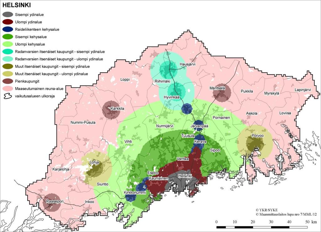 KUVA 2 Metropolin etäisyyteen perustuvat aluejako. Lähde: SYKE, YKR UrbanZone projekti.