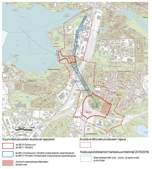 Asemakaavakokonaisuus muodostuu neljästä toisiinsa kytkeytyvästä alueesta, joista kahdelle laaditaan maanpäällinen asemakaava/asemakaavan muutos (nro 8610 8611) ja kahdelle maanalainen asemakaava