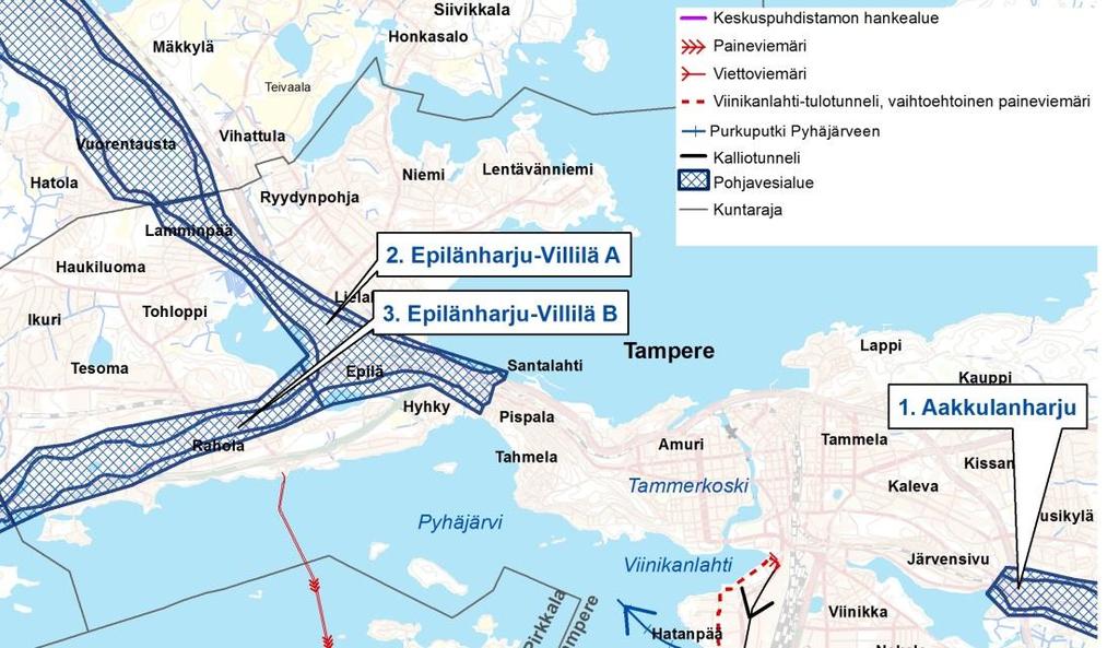 68 Kuva 17-2. Sulkavuoren kalliopuhdistamon hankealueen ja kalliotunneleiden lähimmät pohjavesialueet. 17.7.2 Vaikutukset Puhdistamon kalliotilat rakennetaan systemaattisesti tiivistäen, jotta kalliopohjaveden tihkuminen tiloihin saadaan pidettyä vähäisinä.