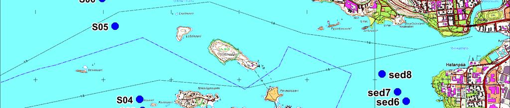 Sedimenttinäytepisteiden sijainti purkuputkilinjalla (sed1 sed8) ja siirtoviemärilinjalla (S01 S08).