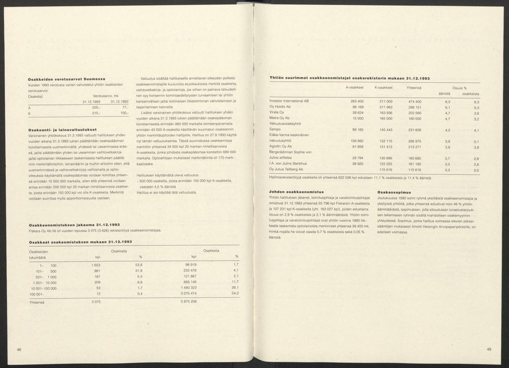 O s a k k e i d e n v e r o t u s a r v o t S u o m e s s a Vuoden 1993 verotusta varten vahvistetut yhtiön osakkeiden verotusarvot: O sakelaji Verotusarvo, mk 31.12.