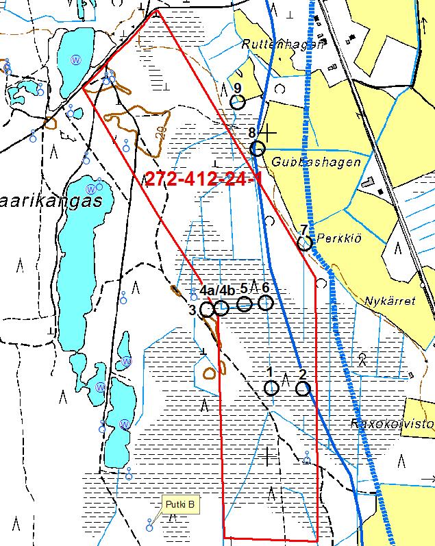 Ojitusilmoituksen johdosta tehdyt tutkimukset Piste 1 ja 4b lyöntikairauksia, muut piikillä Useimmissa pisteissä (1-6) todettu ohut hienohiekkakerros, jonka alla karkea (tiivis) siltti.