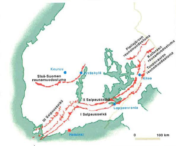 Kuva 3. Salpausselkien I, II ja II sekä Sisä-Suomen reunamuodostuman sijainti.
