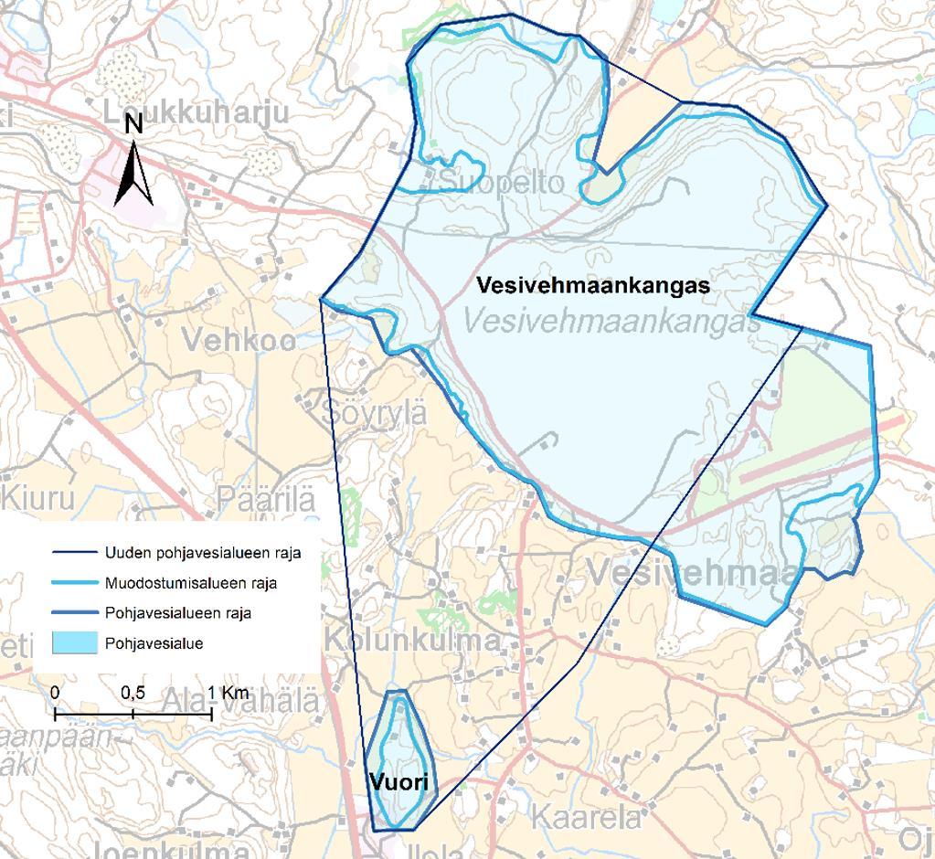 Kuva 39. Ehdotus uudesta pohjavesialueen rajauksesta vesivehmaankankaalla. Rajaus perustuu Vesivehmaankankaan hydrogeologiseen rakenteeseen.