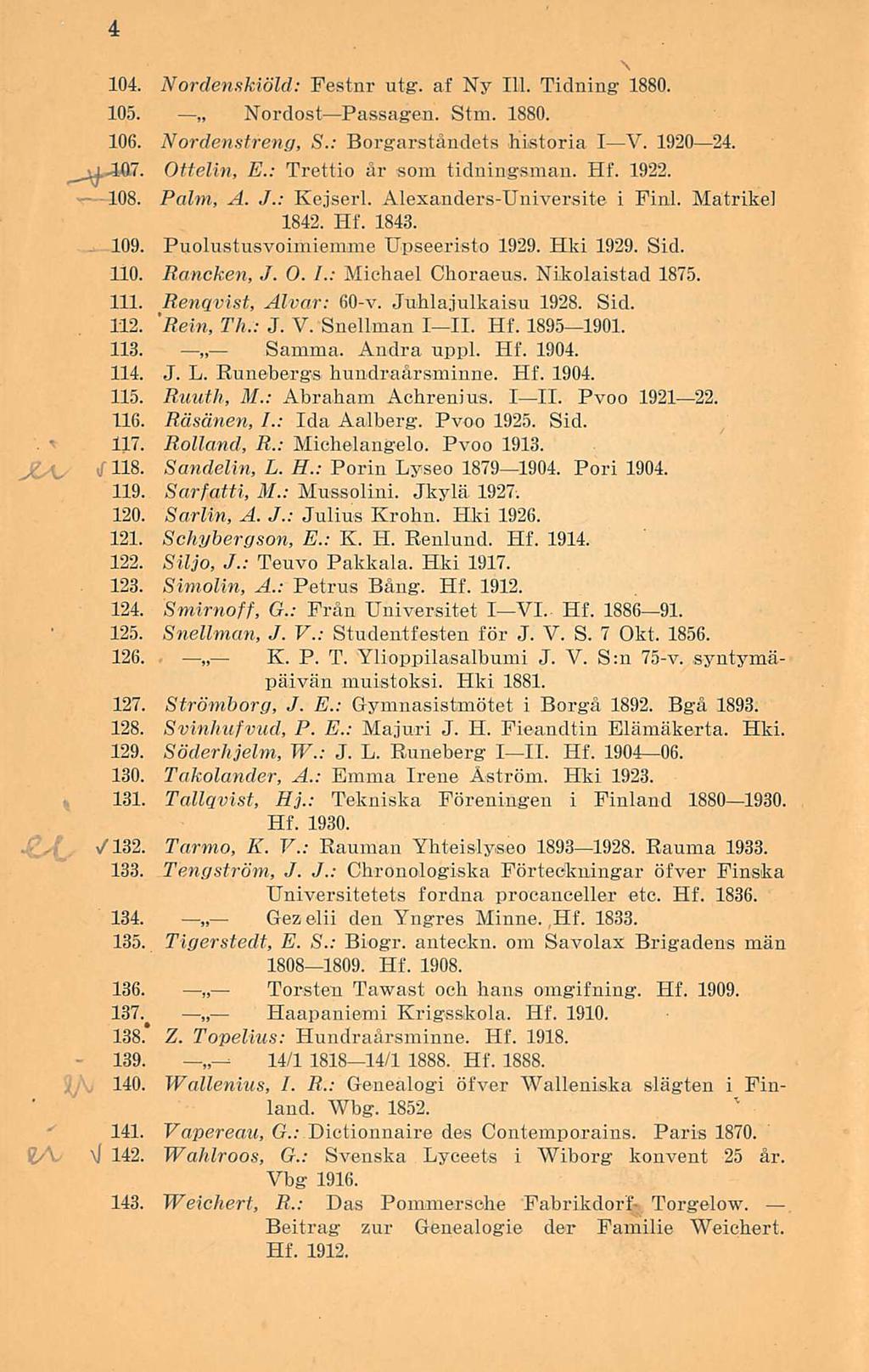 104. Nordenskiöld: Festnr utg. af Ny 111. Tidning 1880. 105. Nordost Passagen. Stm. 1880. 106. Nordenstreng, S.: Borgarståndets historia IV. 192024..-107. Ottelin, E.: Trettio år soin tidningsman. Hf.