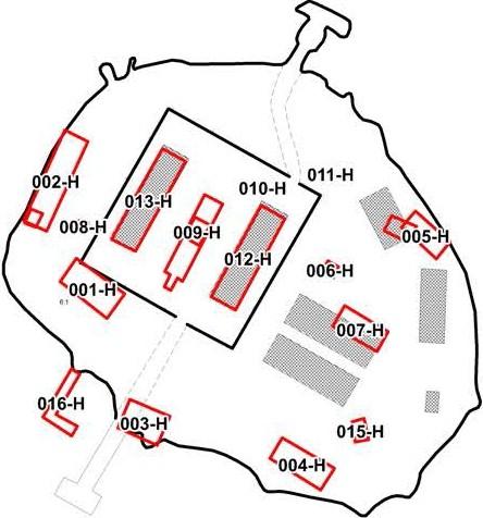 0 100 m Vesa Laulumaan ja John Lagerstedtin v. 2013 laatima asemapiirros Lonnan saaren vanhojen rakennusten sijainnista nykykartalle asemoituna.