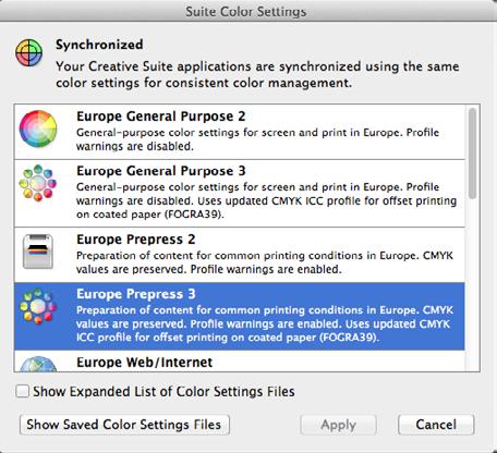Väriprofiili Väriprofiilin suosittelen olevan Cretive Suite Color Setting- kohdasta seuraavasti: Europe Prepress 3, kun tekee valmiin aineiston painoa varten.
