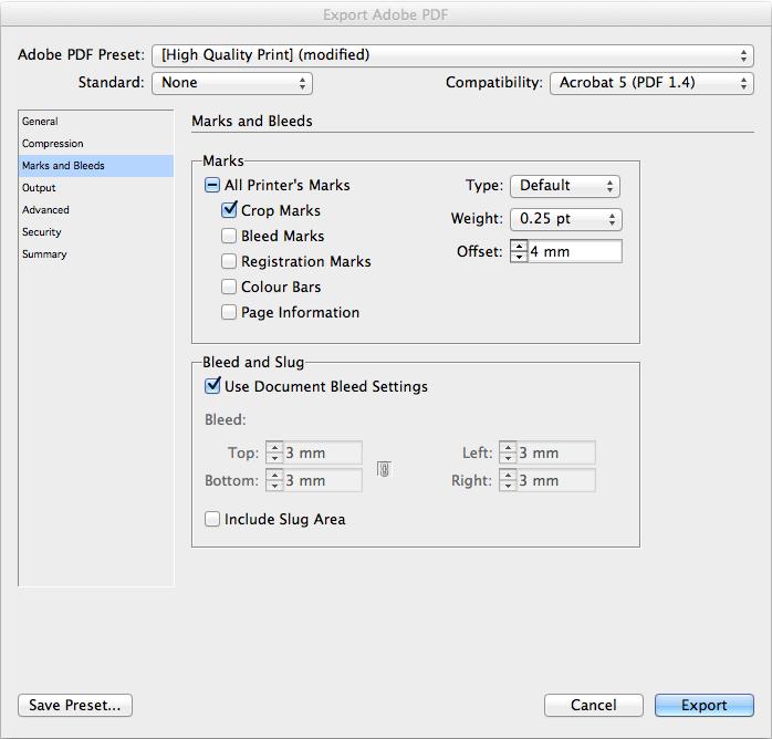 Valitse leikkuumerkit (Crop Marks) ja varmista, että Offset -asetus on 4 mm. Tarkista myös, että olet valinnut Bleed and Slug -osiosta kohdan Use Document Bleed Settings.