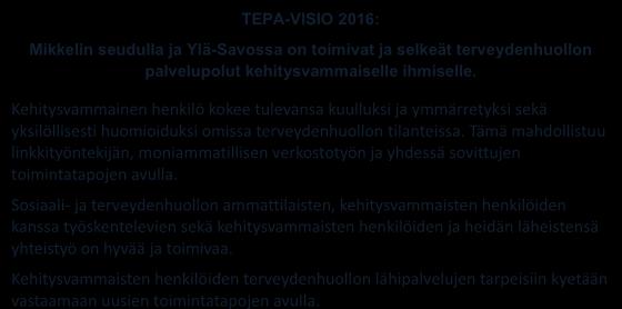 3. TEPA-projektin visio, arvot ja toiminnalliset tavoitteet TEPA-VISIO 2016: Mikkelin seudulla ja Ylä-Savossa on toimivat ja selkeät terveydenhuollon palvelupolut kehitysvammaiselle ihmiselle.