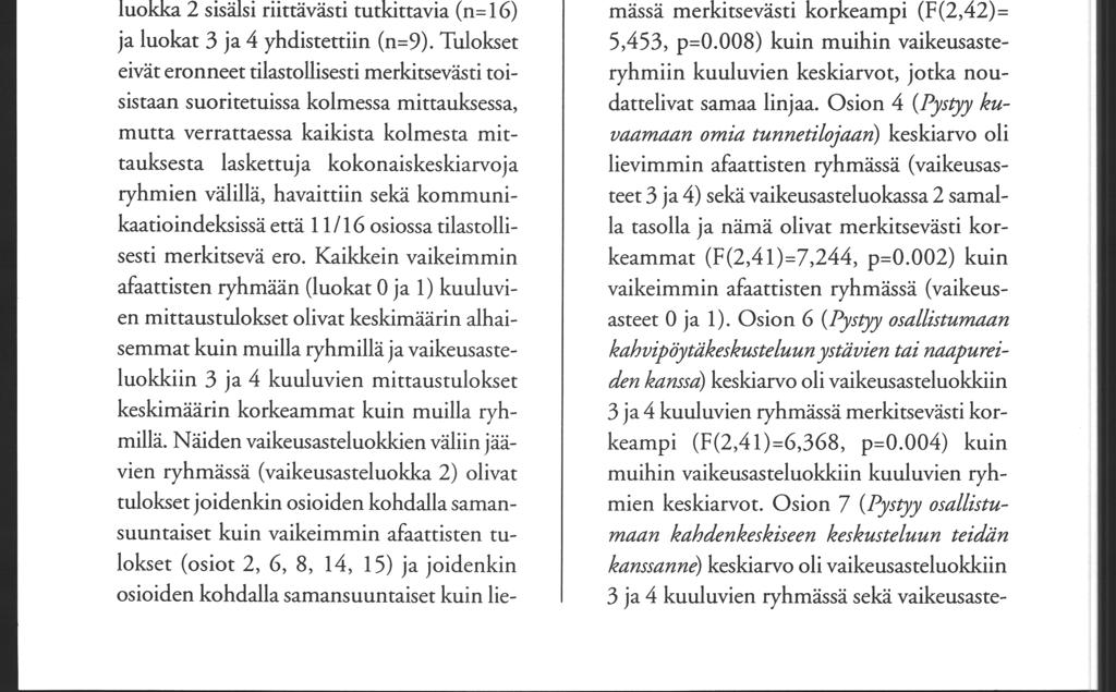 74 den osion kohdalla. Osiossa 2 (Pystyyaloittamaan keskustelun muidenkin kuin lähisukulaisten kanssa) havaittiin merkitsevä muutos, (F(2,86)=3,, p=0.