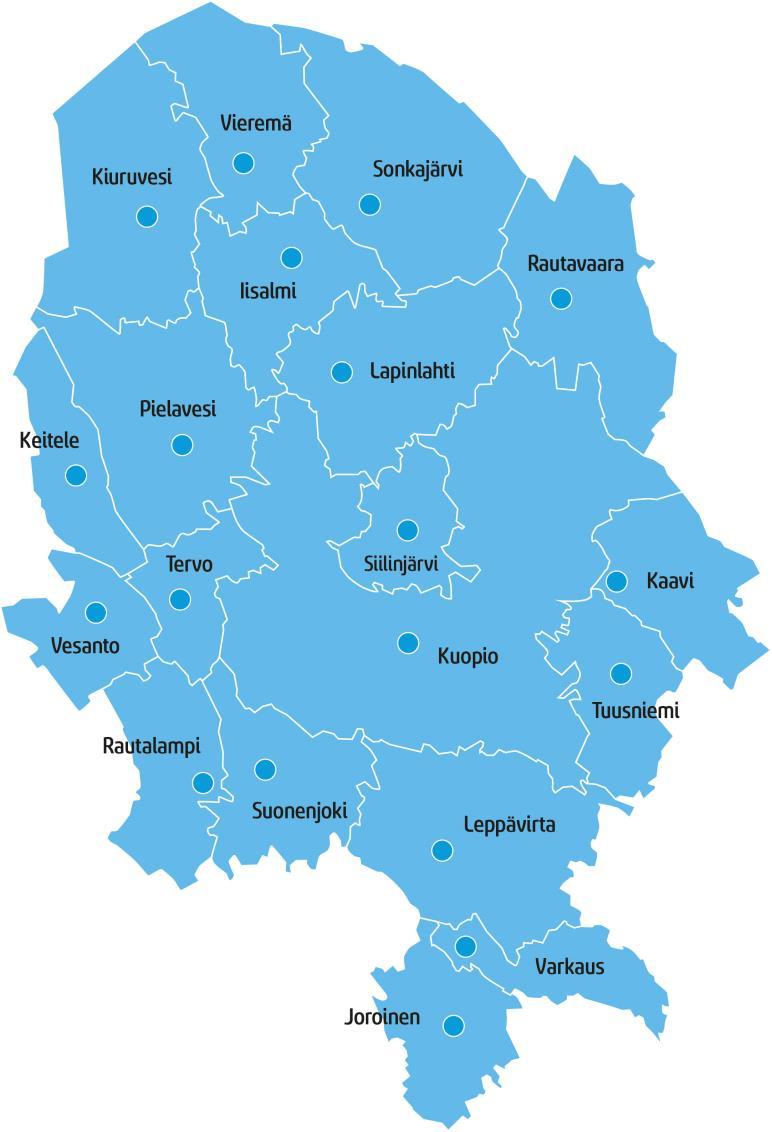 VÄESTÖ, PINTA-ALA JA SIJAINTI Juankosken iittyessä v. 2017 Noin 117 700 asukasta 62 53' 33"N 27 40'42"E Työssäkäyntiaueea 175 300 asukasta Suomen 9.