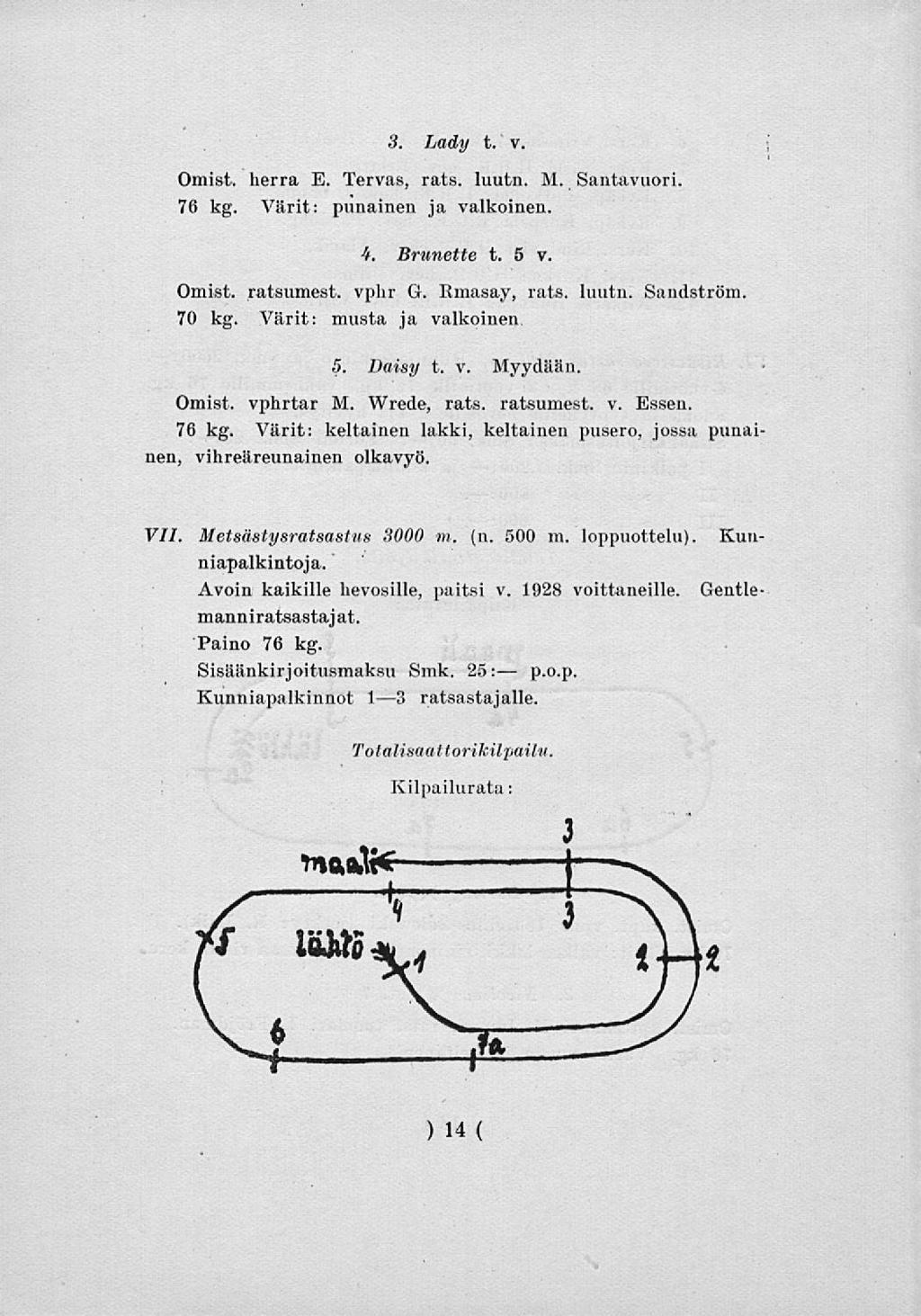 3. Lady t. v. Omist. herra E. Tervas, rats. luutn. M. Santavuori. 76 kg. Värit: punainen ja valkoinen. 4. lirunette t. 5 v. Omist. ratsumest. vphr G. Rmasay, rats. luutn. Sandström. 70 kg.