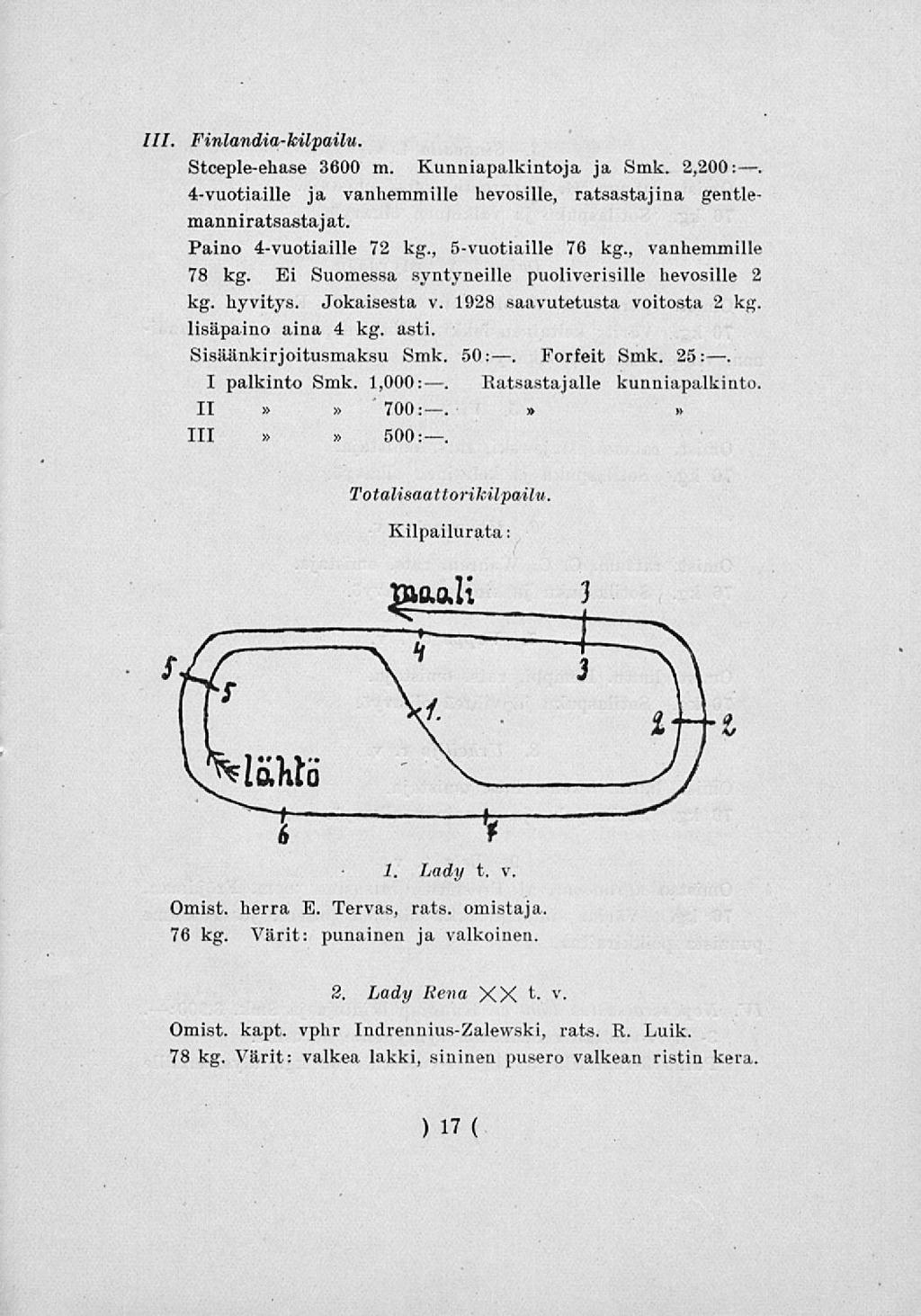 ///. Finlandia-kilpailu,»» Stceple-ehase 3600 m. Kunniapalkintoja ja Smk. 2,200:. 4-vuotiaille ja vanhemmille hevosille, ratsastajina gentlemanniratsastaj at. Paino 4-vuotiaille 72 kg.