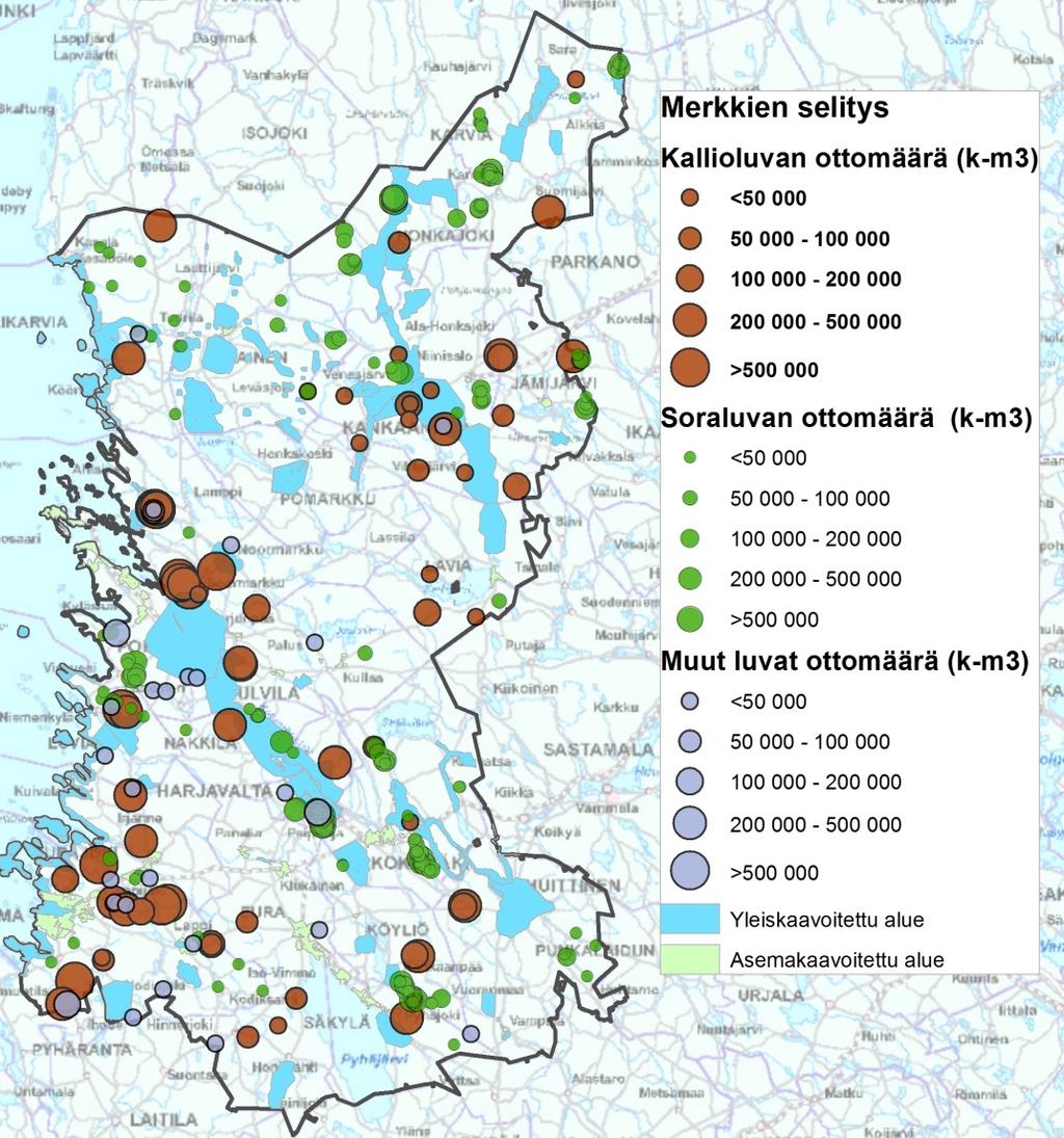 Kuva 27. Satakunnan maa-aineslupien sekä yleiskaava- ja asemakaava-alueiden sijainnit. (Luvat oli myönnetty vuosina 2003 2013/2014.) 6.