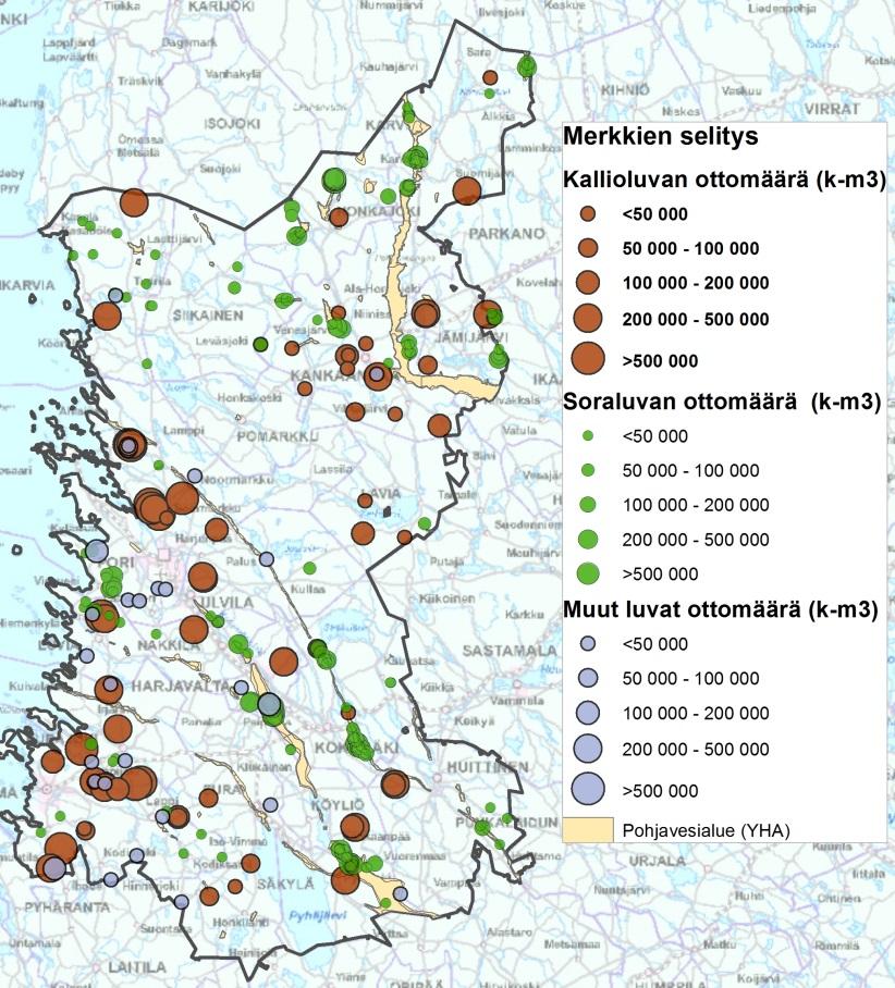 Kuva 29. Maa-aineslupien ja pohjavesialueiden sijainti Satakunnassa.