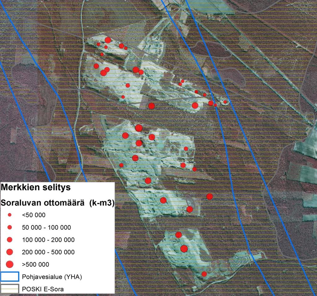 Kuva 31. Pohjavesialueelle ja POSKI-projektin maa-ainestenottoon soveltumattomalle alueelle (E-luokka) on myönnetty useita maa-aineslupia. 6.