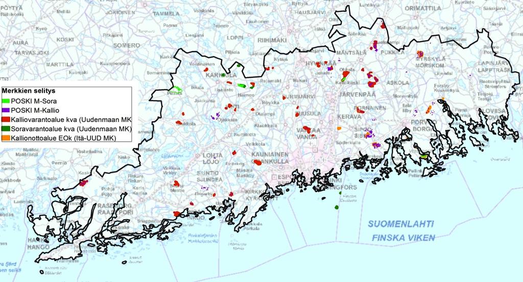 Kuva 45. Maakuntakaavan ottoalueiden sijainti suhteessa POSKI-projektin maa- ja kiviainestenottoon soveltuviin alueisiin Uudellamaalla. 6.9.
