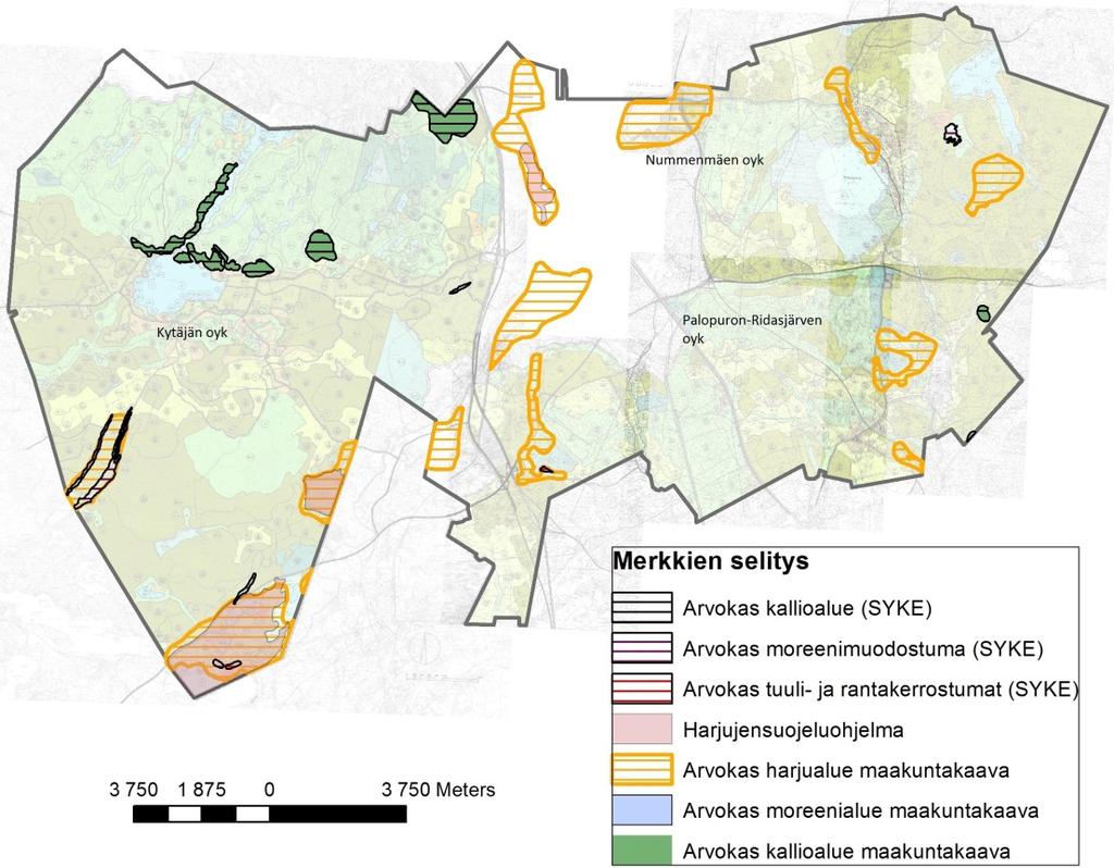 Kuva 53. Valtakunnallisesti arvokkaat geologiset muodostumat sekä niiden osoittaminen maakuntakaavassa Hyvinkään alueella.