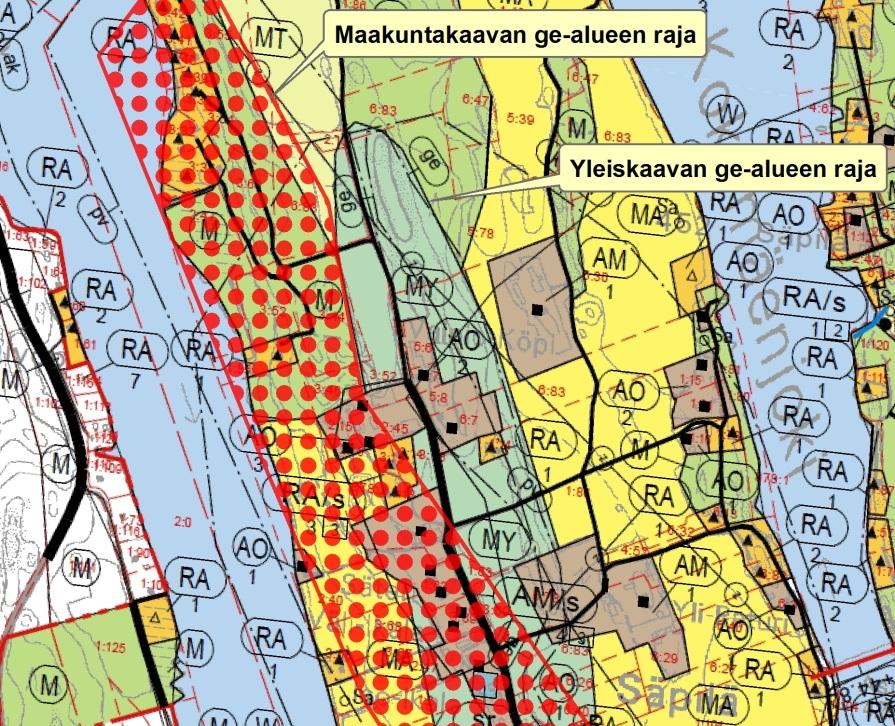 (beige-pallorasteri) ja maakuntakaavan rajauksista (ruskea vaakaviivoitus).